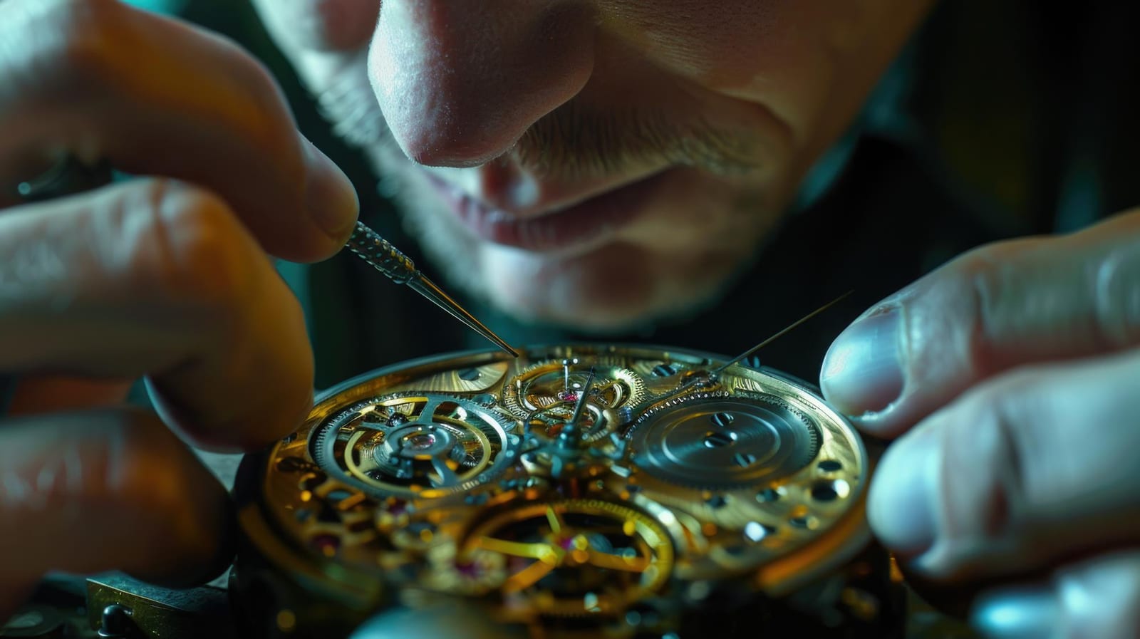 Un artigiano lavora con una pinzetta sul movimento dorato di un orologio da tasca aperto