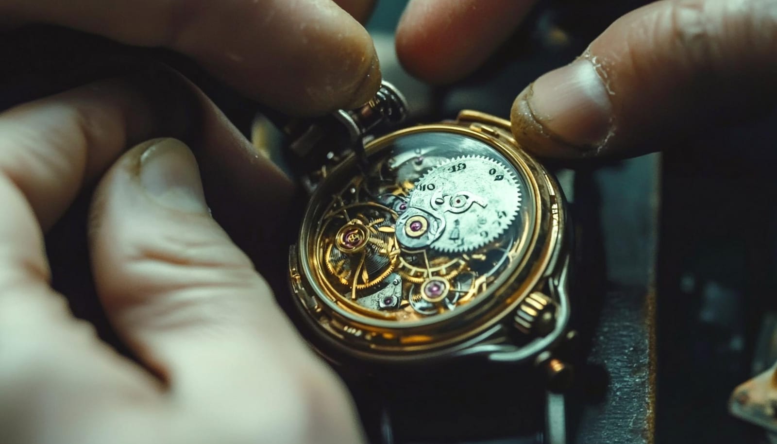 Un artigiano interviene su un vecchio orologio da tavolo aperto sul banco di lavoro